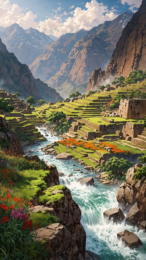 🏞️ "The River's Blessing: A Village's Prosperity" In a hidden valley cradled by majestic mountains, a village thrives beside a vigorous river. The people live in harmony with the land, carving terraces into the hillsides, growing vibrant flowers and lush crops. One morning, a young villager finds a peculiar stone in the river, smooth and glowing with an inner light. The stone brings prosperity and happiness to the finder, inspiring an annual celebration of nature's gifts, where the river's s... Valley River, Forest Village, The Finder, Hidden Valley, River Art, Majestic Mountains, Vibrant Flowers, Inner Light, Mountain Art