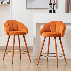 These luxious barstools features unique curved back & tufted decor plus vivid color & modern metal legs which are upholstered in velvet giving these bar chairs a contemporary appearance Orange Counter Stools, Barstools With Back, Orange Bar Stools, Modern Barstools, Chairs For Kitchen Island, Yellow Bar Stools, High Tables, Colorful Bar Stools, Airbnb Decor