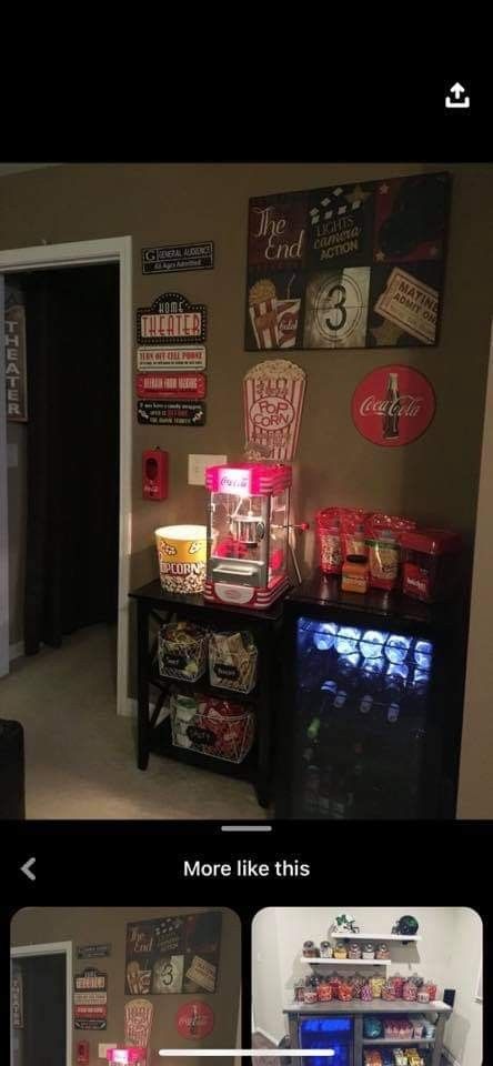 Snack Bar Ideas Home, Home Movie Theater Ideas, Home Movie Theater, Deco Cinema, Theater Room Decor, Movie Theater Decor, Movie Theater Rooms, Movie Home, Attic Ideas