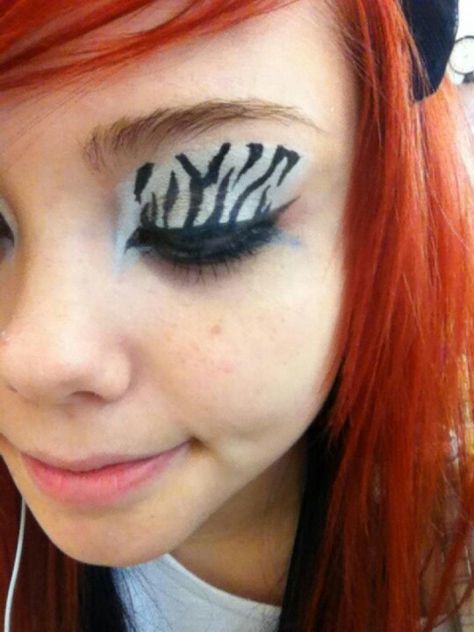 Zebra print makeup! Zebra Print Makeup, Zebra Eyeliner, Zebra Eyeshadow, Zebra Makeup, Adventure Time Birthday Party, Adventure Time Birthday, Purple Zebra, Character Inspo, Aesthetic Makeup