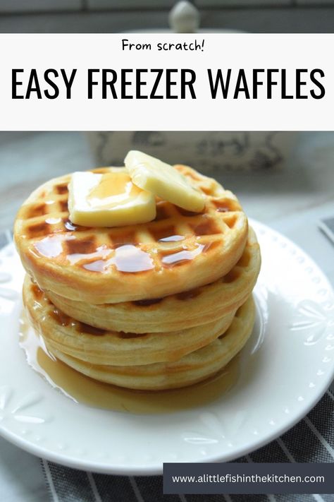 A stack of 4 small, golden waffles sits on a white plate. Two pats of butter rest on top of the waffle stack and the waffles are covered in glistening maple syrup.  A butter crock, a small pitcher and two forks are slightly blurred in the background. This picture focuses  more on the top of the waffle stack. Freezable Waffle Recipe, Diy Freezer Waffles, Freezing Homemade Waffles, Homemade Frozen Waffles, Diy Frozen Waffles, Freezer Waffles Homemade, Frozen Waffle Recipes, Waffle Recipe Easy Simple, Freezing Waffles