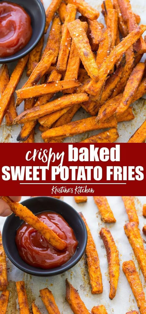 Oven Baked Sweet Potato Fries, Oven Baked Sweet Potato, Homemade Sweet Potato Fries, Sweet Potato Fries Recipe, Making Sweet Potato Fries, Veggie Enchiladas, Baked Sweet Potato Fries, Crispy Sweet Potato Fries, Sweet Potato Recipes Fries