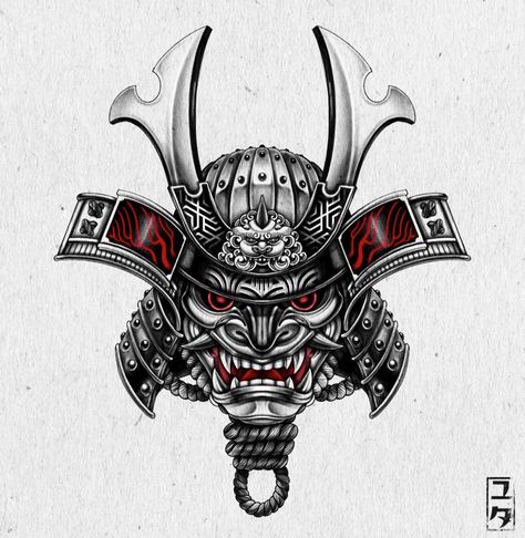 Samurai Oni Mask Tattoo, Samurai Mask Tattoo Warriors, Samurai Tattoo Stencil, Samurai Mask Tattoo Design, Japan Mask Tattoo, Japanese Shogun, Tattoo Stomach, Samurai Mask Tattoo, Helmet Illustration