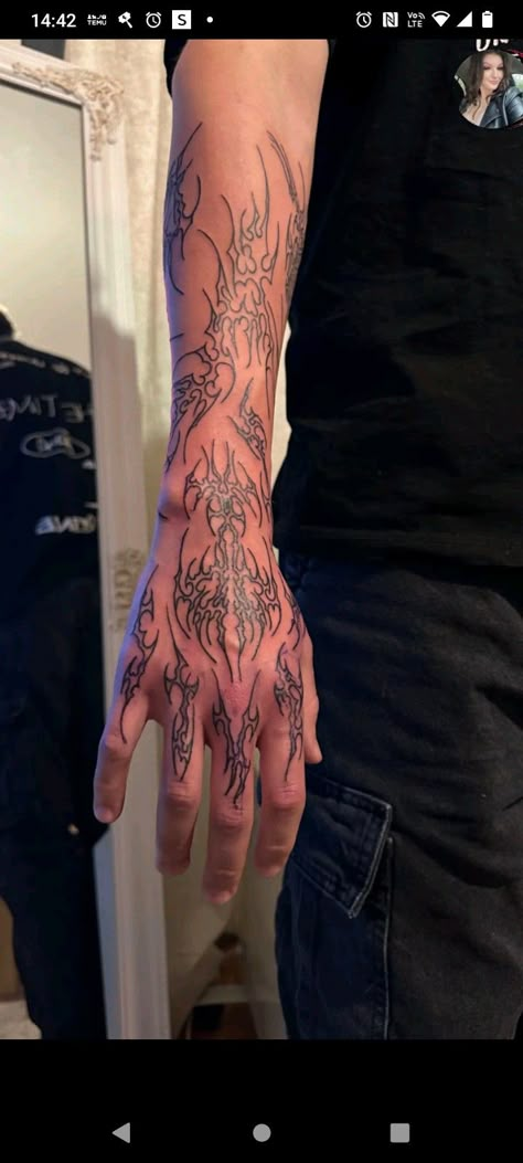 Alt Sleeve Tattoos, Color Tattoos Men, Sigil Hand Tattoos, Sleeve Arm Tattoo, Black And Red Hand Tattoo, Pattern Tattoo Men, Cybersigilism Tattoo Sleeve, Cybersigilism Sleeve, Dystopian Tattoo Ideas