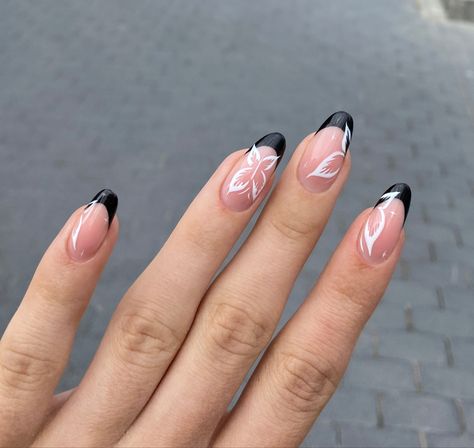 black french and white butterflies nials inspo ❁ཻུ۪۪♡ Black Nail Designs With Butterflies, Black French Tip Nails With Butterflies, Black Butterfly Nails Almond, Prom Nail Ideas Black, Nail Designs Almond Shape Black, French Tip Nail Ideas Almond, Butterfly Nails Black, Butterfly Almond Nails, White And Black Nail Ideas