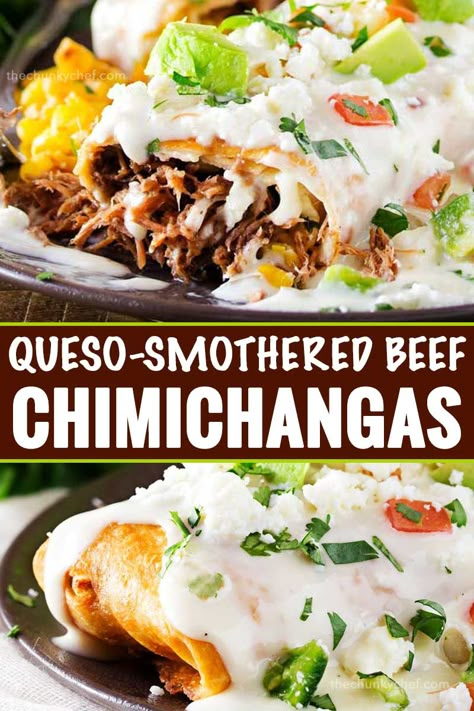 Tortillas stuffed with tender, spicy, slow cooked spiced beef (barbacoa-style), fried to crunchy perfection, then smothered in a velvety smooth white queso! Great meal to use up leftovers too! #beef #chimichangas #mexican #easyrecipe #dinner #barbacoa #queso #cheese #smothered Smothered Chimichanga Recipe, Meals With Queso, Mexican Chimichanga Recipe, Fried Chimichanga Recipe, Barbacoa Leftovers Recipes, Barbacoa Dinner Ideas, Easy Mexican Meals For A Crowd, Chimichanga Casserole, Beef Chimichanga Recipe