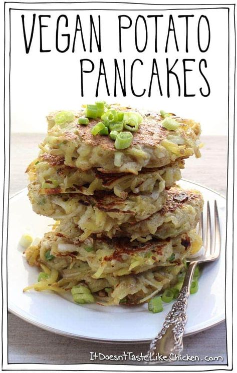 Vegan Potato Pancakes • It Doesn't Taste Like Chicken Vegan Potato Pancakes, Witch's Kitchen, Irish Stew, Like Chicken, Meatless Mondays, Vegan Potato, Vegan Sides, Potato Pancakes, Vegan Appetizers