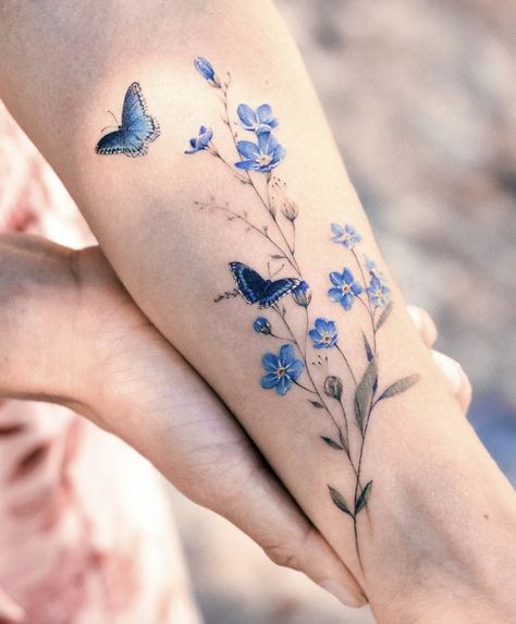 Clover And Bee Tattoo, Thigh Watercolor Tattoos Women, Small Colour Tattoo Designs, Tattoo Forget-me-nots, Blue Tattoo Sleeve, Flower Wings Tattoo, Wildflower Tattoo Sleeve, Blue Flower Tattoo, Floral Blankets