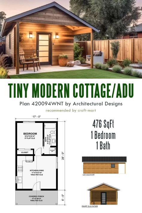 Enjoy a simpler life in this tiny cottage. Whether you need a place to escape, a guest house, or mother-in-law quarters, this 17' wide house plan will fit any lot. Tiny House Floor Plans 1 Bedroom, Rv As A Guest House, Shop With Mother In Law Suite, Backyard Guest House Plans, Backyard Cottage Guest House, Mother In Law Addition To House, She’d Guest House, Backyard Inlaw Suite Tiny House, 200 Sqft Guest House