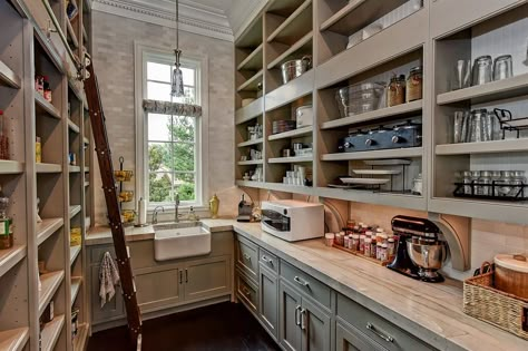 walk in pantry with a place for everything (food, glassware, china) and even a farm sink Modern Farmhouse Scullery, Pantry With Prep Sink, Pantry With A Sink, Appliances In Butlers Pantry, Pantry Sizes Walk In, Pantry With Sink Walk In, Walk In Pantry With Sink, Sink In Pantry, Walk In Pantry With Window