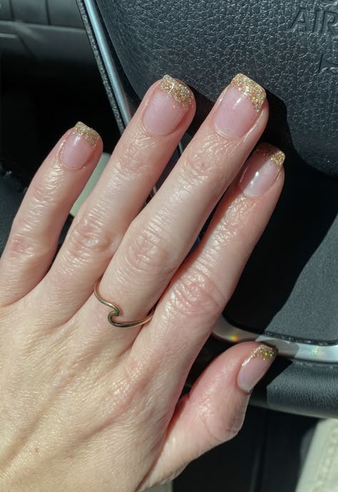 Square Gold French Tip Nails, Hold French Tip Nails, Gold Glitter French Tip Nails Square, Sparkly Gold French Tip Nails, Gold French Tip Nails Coffin, Nails With Gold Dress, Gold French Tip Nails Square, French Tip Gold Nails, French Tip With Gold Line