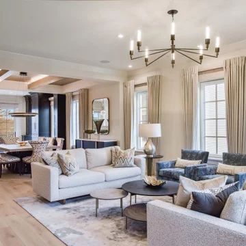 Formal Living Room Ideas Elegant Modern, Elegant Great Room, Transitional Furniture Living Room, Great Room Transitional, Transitional Living Room 2023, Model Home Living Room Ideas, Updated Family Room Ideas, Monochromatic Family Room, Transitional Classic Living Room