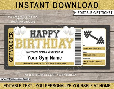 Gym Membership Template Birthday Gift - Surprise Workout Fitness Pass - Printable Voucher Certificate - INSTANT DOWNLOAD with EDITABLE text Baseball Ticket, Last Minute Birthday Gifts, Template Birthday, Happy Birthday Text, Diy Coupons, Birthday Text, Coupon Template, Ticket Template, Gift Certificate Template