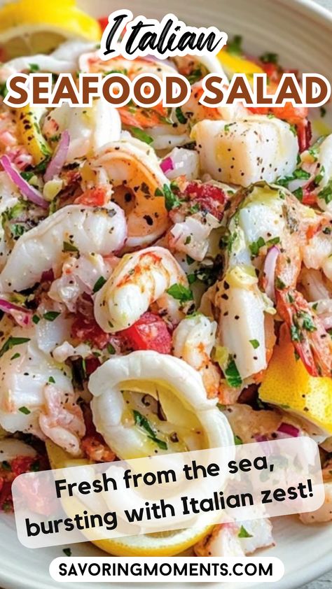 Bursting with fresh shrimp, calamari, and a tangy lemon dressing, this seafood salad is light, refreshing, and full of Italian flavor. Ideal for summer meals or special occasions.  Craving something new? Get the recipe here  #ItalianSalad #SeafoodLovers #MediterraneanFlavors #HealthyMeals #ItalianCooking #QuickAndEasy #FreshIngredients #SaladRecipes #SeafoodDelight #SimpleMeals Seven Fishes Seafood Salad, Fish Salad Recipe Italian, Amazing Seafood Recipes, Italian Crab Salad, Seafood Salad Recipes Cold, Seafood Salads Cold, Italian Calamari Salad, Cold Seafood Dishes, Seafood Lettuce Salad