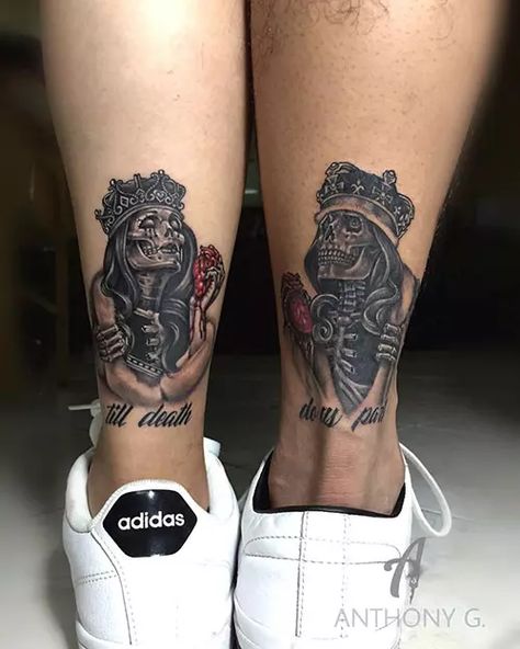 Skull Couple Tattoo, Queen Tattoos, Couple Tat, Him And Her Tattoos, Partner Tattoos, Couple Tattoos Unique Meaningful, Best Couple Tattoos, Couple Matching Tattoo, Cute Couple Tattoos