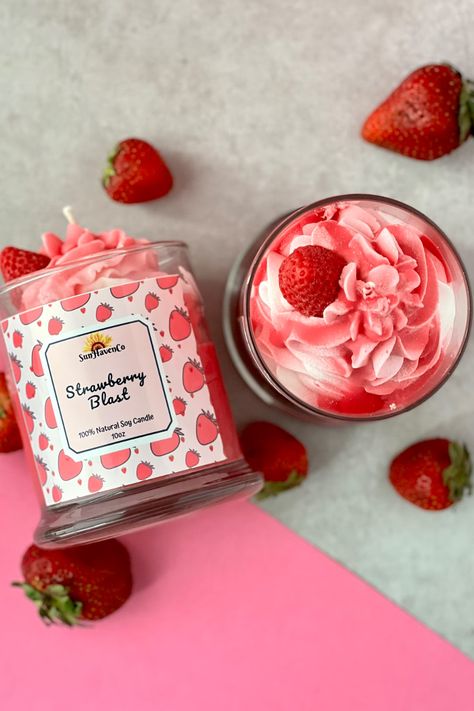 Satisfy your sweet tooth without the calories! Our Blast Dessert Candle Collection features dessert frosting candles, strawberry scented candles, and more, all handcrafted with natural soy wax. Experience the irresistible aroma of your favorite treats without the guilt. Treat yourself or find the perfect gift for a candle lover! 🕯️🍓✨ #ScentedCandles #DessertCandles #SoyWaxCandles. Small Business Candle Ideas, Fruity Candles, 3d Dessert, Strawberry Candles, Whipped Candle, Candle Dessert, Candy Candles, Strawberry Candle, Summer Candle