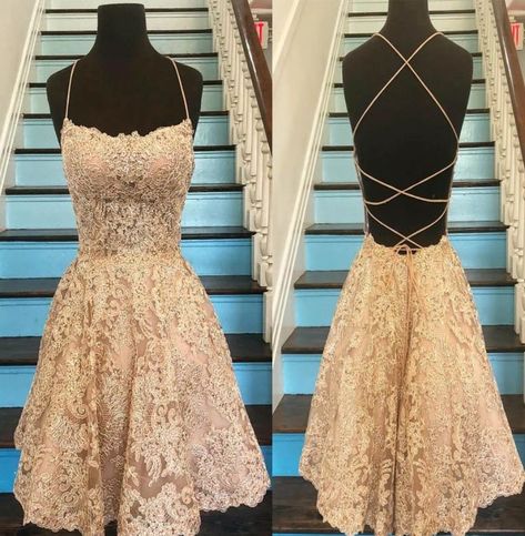 1ef91c212e30e14bf125e9374262401fdesc37955005ri Homecoming Dresses Gold, Dresses Gold, Short Homecoming Dresses, Dress Display, A Line Shorts, Lace Homecoming Dresses, Custom Size Dresses, Gold Lace, Homecoming Dresses Short