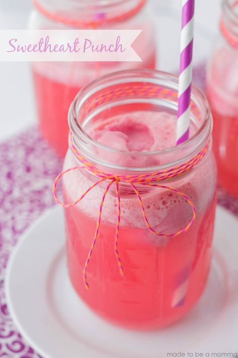 PIN FOR LATER - Sweetheart Punch Recipe from @madetobeamomma | Bridal Shower Punch | Signature Drink | Mason Jar Drink Bridal Shower Punch, Sierra Mist, Shower Punch, Punch Drink, Valentine's Dinner, Mason Jar Drinks, Raspberry Sherbet, Punch Drinks, Punch Recipe