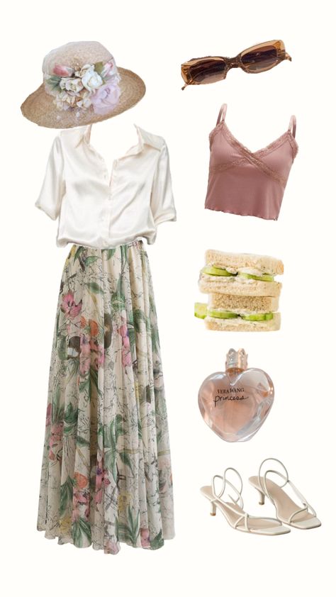 An outfit perfect for tea in the garden <3 #maxiskirt #outfitinspo #outfit #garden #gardenaesthetic #floral #teaparty #teapartyatthecottagevibes #french #frenchaesthetic Tea Garden Party Outfit, Boho Tea Party Outfit, Garden Tea Party Outfits For Women, Ladies Tea Party Outfit, Tea Time Aesthetic Outfits, Garden Party Outfit Ideas, Teaparty Brunch Outfit Ideas, British Tea Party Outfit, Tea Party Outfit Winter