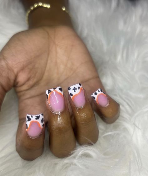 Cow Print Nails French Tip, Color Cow Print Nails, Cow French Tip Nails, Cow Print French Tip Nails, French Tip Cow Print Nails, Cow French Tip Nails Pink, Cow Print French Tips, Cow Print Nails Short, Brown Cow Print Nails French Tip