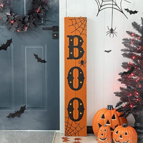 Amazon.com : Glitzhome 42" H Halloween Porch Board Sign with 12 LED Lights, Lighted Halloween "BOO" Hanging Signs or Lean Against Wall Standing Sign, Welcome Halloween Decorative Plaques for Front Door Outdoor : Patio, Lawn & Garden Pumpkin Porch Decor, Porche Halloween, Halloween Signs Diy, Halloween Porch Sign, Halloween Wood Signs, Porch Pumpkins, Wooden Porch, Front Porch Signs, Halloween Yard Decorations