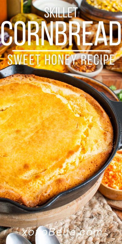 Grab your cast iron skillet and get ready for the most delicious cornbread you ever tasted. Not only is this sweet skillet cornbread recipe a fantastic side dish for homemade chili but it's also a tasty snack in its own right. With tasty ingredients like honey, butter, cornmeal, and eggs, it's a sweet honey cornbread you can really savor and enjoy. It's sweet but not overly so and the texture is soft with a little graininess. The buttery, crisp edges are perhaps the best part of all! Honey Cornbread Recipe, Cornmeal Cornbread, Skillet Cornbread Recipe, Grits Recipes, Sweet Potato Skillet Recipes, Buttery Cornbread, Southern Cornbread Recipe, Cornmeal Recipes, Cornbread With Corn