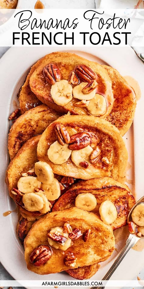 This easy Bananas Foster French Toast recipe is a fun, decadent marriage of breakfast and dessert. It features slices of eggy bread in a rum-spiked, sticky-sweet bananas foster sauce. This French toast is a real treat - perfect for a special occasion brunch! Banana Foster French Toast Recipe, Decadent French Toast, French Recipes Breakfast, French Toast Recipe With French Bread, French Bread French Toast Recipe, Brennans Bananas Foster Recipe, Banana French Toast Casserole, Banana Foster French Toast, Fancy French Toast