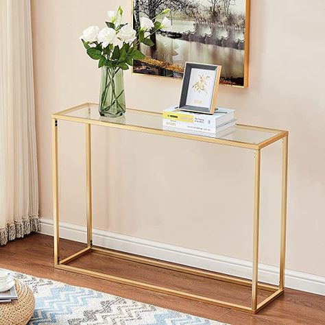 Amazon.com: Gold Console Table, Glass Sofa Tables, Modern Open Hallway Table, Narrow Entryway Table, Slim Accent Porch Table, Couch Side Table with Golden Metal Frame, Easy Assembly, Minimalist Style (Glass Top) : Home & Kitchen Modern Console Table Entryway Acrylic, Foyer Glass Table, Credenza Foyer, Consolé Table, Gold Entryway Table, Cute Apartment Living Room, Gold Glass Table, Open Hallway, Console Table Gold