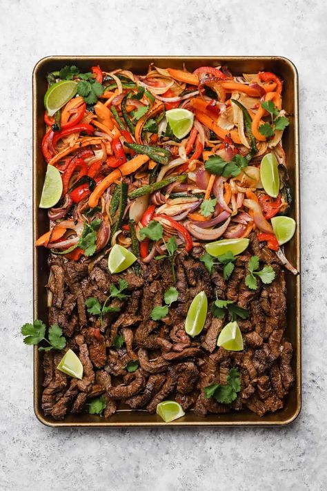 Sheet Pan Skirt Steak Fajitas, Sheet Pan Chicken And Steak Fajitas, Steak Fajita Sheet Pan, Skirt Steak Sheet Pan Dinner, Steak Skirt Recipes, Steak Fajitas Sheet Pan, Sheet Pan Fajitas Chicken And Steak, Sheet Pan Skirt Steak, Fajita Sheet Pan Recipe