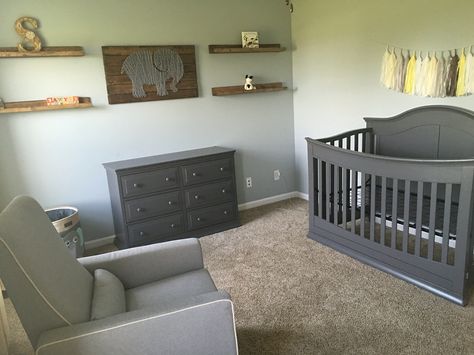 Dark Gray Nursery Furniture, Dark Grey Crib Nursery, Grey Crib Nursery, Dark Gray Nursery, Grey Nursery Furniture, Brown Nursery, Grey Nursery Boy, Yellow Elephant, Wood Crib