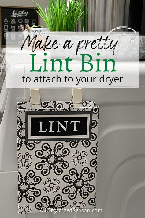 A pretty lint bin attached to the side of a dryer in a laundry room. Lint Collector Laundry Room, Lint Trash Can Ideas, Dryer Lint Container, Lint Bin Diy, Laundry Room Lint Bin Ideas, Laundry Room Lint Bin, Laundry Lint Bin Ideas, Lint Container For Laundry Room, Diy Lint Bin Dollar Tree