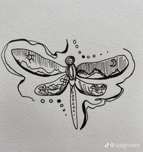 Hand Tattoos Nature, Fun Cute Tattoos, Whimsical Line Art, How To Draw Dragonfly, Drawings Of Dragonflies, Dragon Fly Drawings, Dragonfly Doodle, Dragon Fly Drawing, Dragonfly Sketch