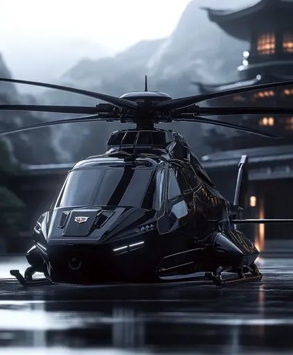 ↑↑↑ Larger size on website 🔸 A sleek, black helicopter sits on a wet, reflective surface. The helicopter has a futuristic design  🔸 From Midjourney AI Image Helicopter Aesthetic, Future Helicopter, Futuristic Jet, Futuristic Plane, Black Helicopter, Spy Plane, Futuristic Aesthetic, Luxury Vehicles, Technology Wallpaper