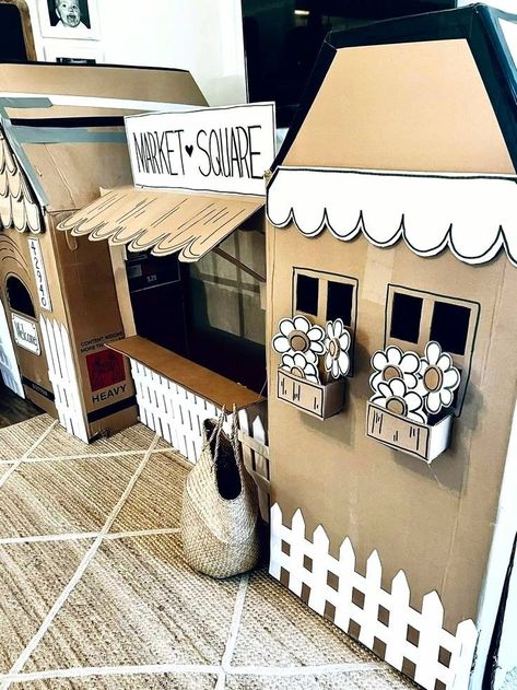 Creative Cardboard Box Ideas, Diy Cardboard Neighborhood, Card Board Play House, Cardboard Box Birthday, Fun Things To Do With Cardboard Boxes, Cardboard Town Diy, Card Board Box Craft, Box Playhouse Cardboard, Big Cardboard Box Ideas For Kids