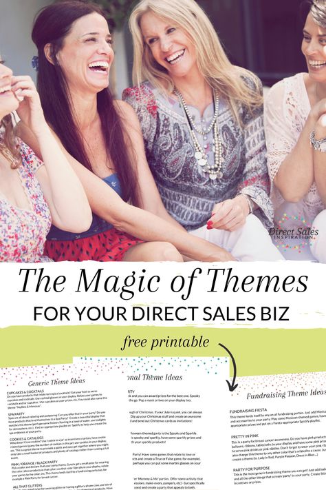 Themes are your SECRET WEAPON to getting repeat party bookings. Get started with themes with this FREE printable. #directsales #partyplanconsultant #directselling Direct Sales Party Themes, Sales Inspiration, Fundraiser Themes, List Of Themes, Direct Sales Party, Sales Goals, The Body Shop At Home, Network Marketing Success, Party Planning Business