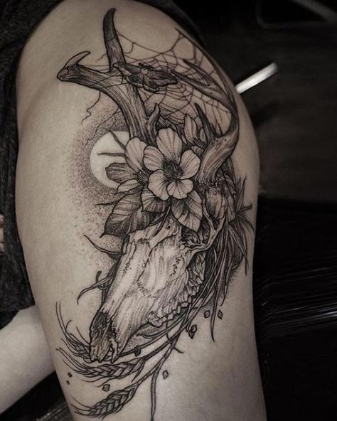 Black and grey dear skull with flower and spider web Deer Skull Tattoos, Unusual Tattoo, Tasteful Tattoos, Animal Skull, Deer Skull, Skull Tattoo Design, Tattoo Designs And Meanings, Hip Tattoo, Mom Tattoos