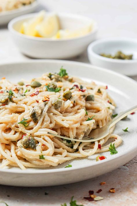 Light and Simple Pasta with Lemon Caper Sauce Lemon Caper Pasta, Pasta With Lemon, Lemon Caper Sauce, Caper Sauce, Simple Pasta, Chicken Shrimp, Gluten Free Noodles, Buttered Noodles, Weaning Recipes