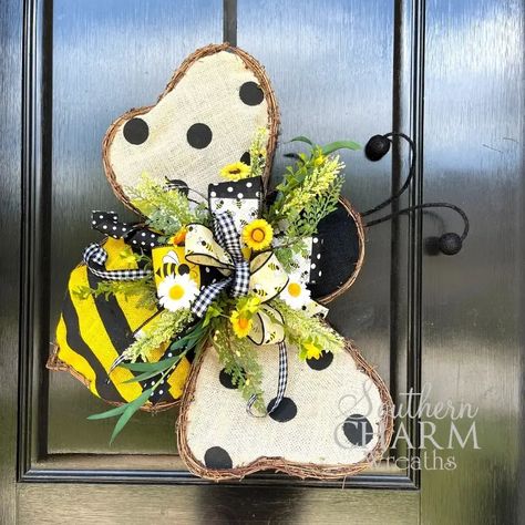 DIY Simple Bumblebee Door Hanger | Southern Charm Wreaths Bee Door Hanger, Bumble Bee Craft, Bunny Wall Decor, Lavender Decor, Easter Wall Decor, Honey Bee Decor, Bee Wall, Bee Wreath, Bee Inspired