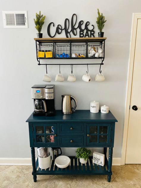 Navy Coffee Bar, Turquoise Coffee Bar, Green Coffee Bar, Diy Coffee Station, Farmhouse Coffee Bar, Yellow Coffee, Coffee Bar Home, Coffee Corner, Coffee Station