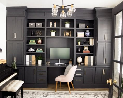 Love these built-ins for my studio - will make wider cabinets and less bookshelves. Office With Bookshelves Wall, Built In Bookshelf Wall With Desk, Moody Office Built In Desk, Grey Built In Bookshelves, Cabinets And Bookshelves, Built In Bookshelves Office Study, Office Room Bookshelves, Built In Bookcase And Desk, Built In Cabinets And Bookshelves