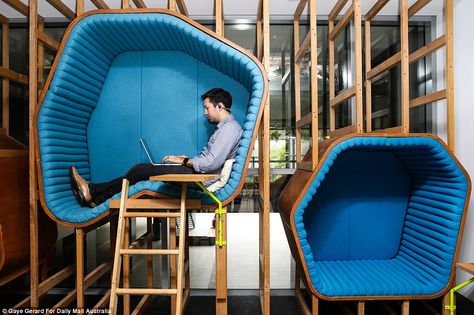 Different shaped and sized pods are hung on the walls for staff members to have some privacy and comfort as they work Work Pods, Nap Pod, Google Office, Sleeping Pods, Office Pods, Best Office, Learning Spaces, Coworking Space, Office Inspiration