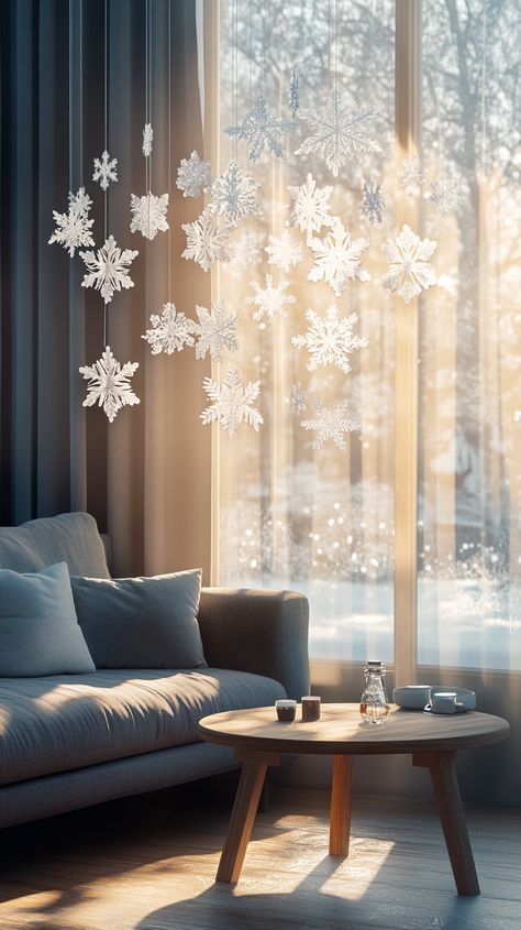 Cozy living room with gray sofa, wooden coffee table, and sunlight filtering through a window with white paper snowflakes. Christmas Decor For Small Spaces, Swedish Living Room, Cozy Christmas Cabin, Rustic Wooden Coffee Table, Cozy Textiles, Earthy Living Room, Winter Living Room, Festive Table Setting, Cozy Christmas Decor