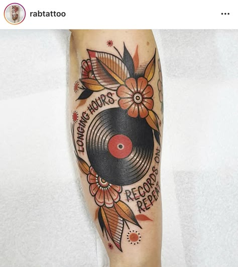 Traditional Music Tattoo, Traditional Tattoo Music, Vinyl Tattoo, Cowgirl Tattoos, Traditional Tattoo Inspiration, Traditional Tattoo Sleeve, Elbow Tattoos, Spooky Tattoos, Old School Tattoo Designs