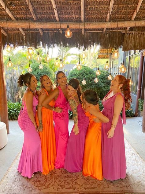 Wedding Bridesmaid Dresses Orange, Tropical Pink Bridesmaid Dresses, Orange And Pink Wedding Bridesmaid, Dessert Sunset Wedding Colors, Pink And Orange Bridesmaid Dress, Tropical Color Bridesmaid Dresses, Tequila Sunrise Wedding Colors, Pink And Orange Bridesmaids Dresses, Pink Orange Green Bridesmaid Dresses