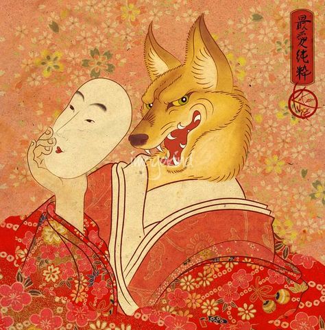 Kitsune Ukiyoe, Japanese Tattoos Kitsune, Kitsune Traditional Art, Kitsune Japanese Art, Japanese Kitsune Art, Kitsune Yokai, Kitsune Art, Japanese Traditional Art, Japanese Fox Mask