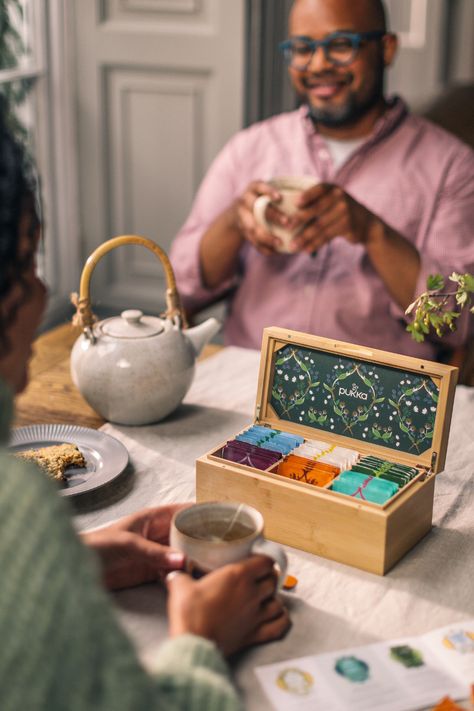 Herbal Tea Display, Tea Box Photography, Tea Tin Packaging, Festive Hampers, Bamboo Packaging, Herb Photography, Shoot Moodboard, Wellness Tea, Pukka Tea