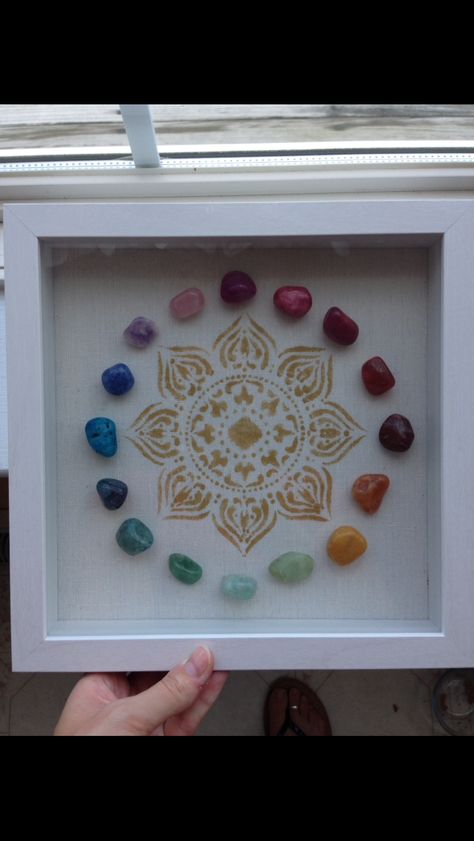 Chakra shadow box with gemstones I made 😊 #shadowbox #gemstones #crystals #chakra #mandala #DIY #boho Crystal Shadow Box Ideas, Chakra Diy Crafts, Shadow Box Crystals, Boho Shadow Box Ideas, Crystal Art Crafts Diy, Crystal Shadow Boxes, Chakra Crafts Diy, Crystal Box Ideas, Crystal Art Crafts