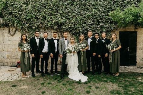 Olive Wedding Groomsmen, Moss Green Black And White Wedding, Olive Green Bridesmaid And Groomsmen, Olive Green And Neutral Wedding, Black Tux Green Bridesmaids, Black Green Beige Wedding, Bridal Party Olive Green, Green Bridesmaids Black Groomsmen, Olive Green Wedding Party Groomsmen