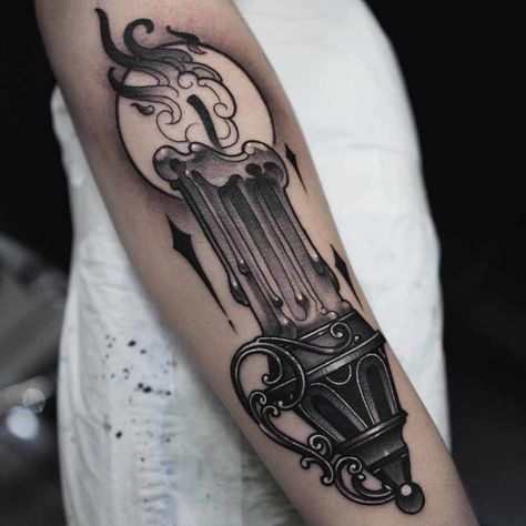 candle tattoo on arm Black Candle Tattoo, Candle Tattoo Drawing, Candles Tattoo Design, Candle Tattoo Sketch, Tattoo Candle, Blackwork Candle Tattoo, Traditional Candle Tattoo, Candle Tattoo Design, Lantern Tattoo