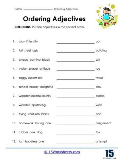 Adjective Order Worksheet, Order Of Adjectives Worksheet, Adjective Order, Coordinate Adjectives, Adjectives Worksheet, Order Of Adjectives, Concrete Nouns, Direct And Indirect Speech, Common App Essay